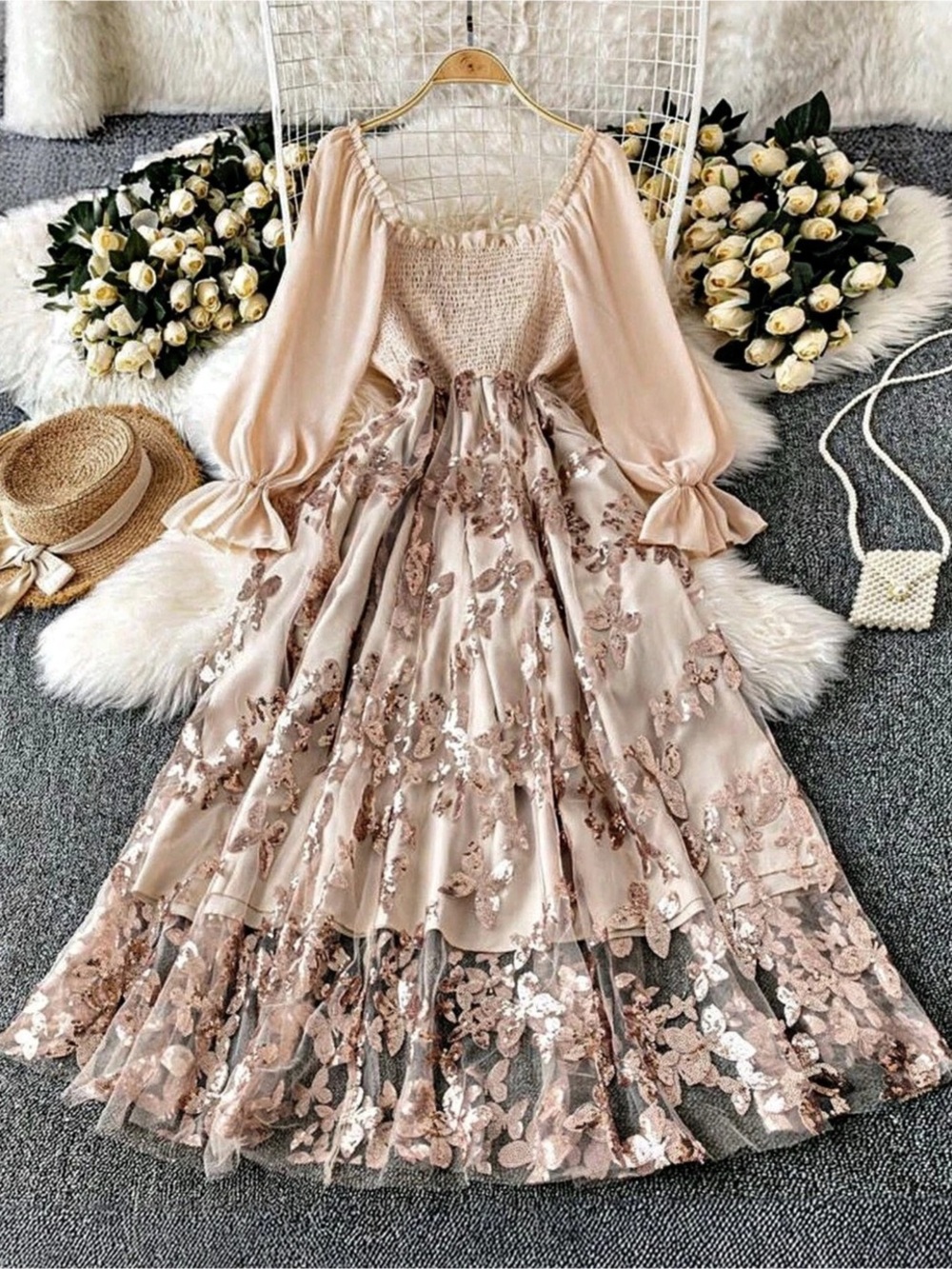 Floral Sequin Maxi Dress in Pink Like New